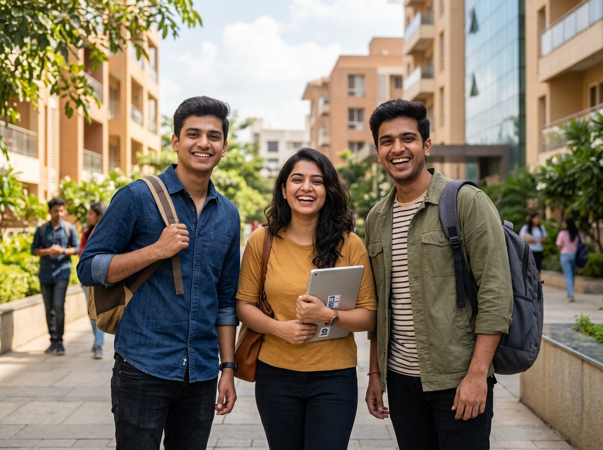 Three happy students and residents enjoying PG living
