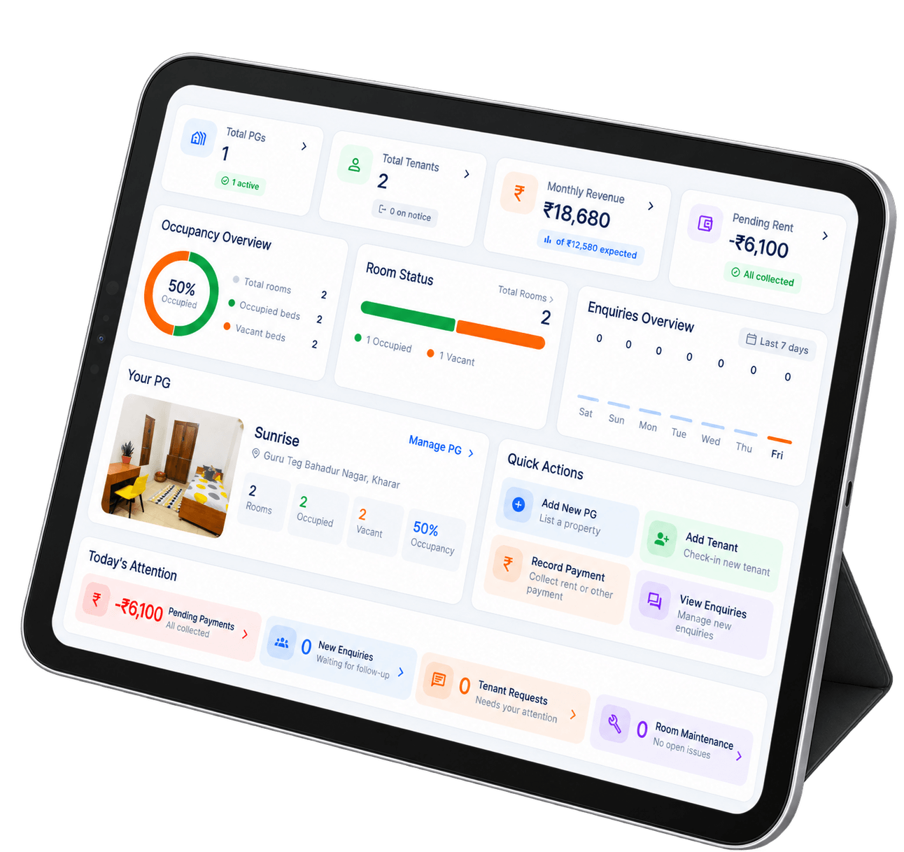 PGZoo property owner dashboard on tablet